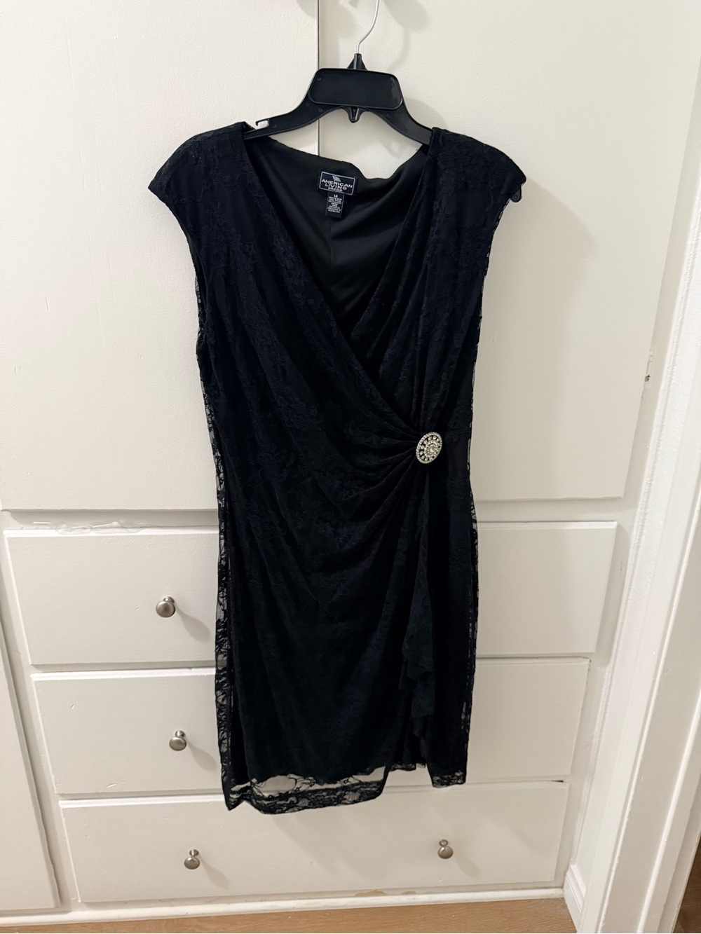 R&M Richards Black Lace Faux-Wrap Midi Dress with Brooch